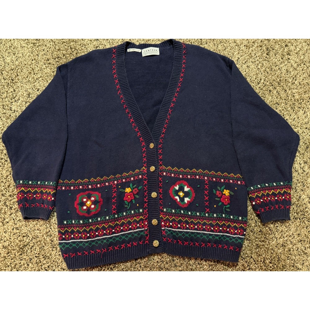 VTG JANTZEN CLASSICS Women Navy Blue Embroidered Floral‎ Cardigan Sweater XXL
